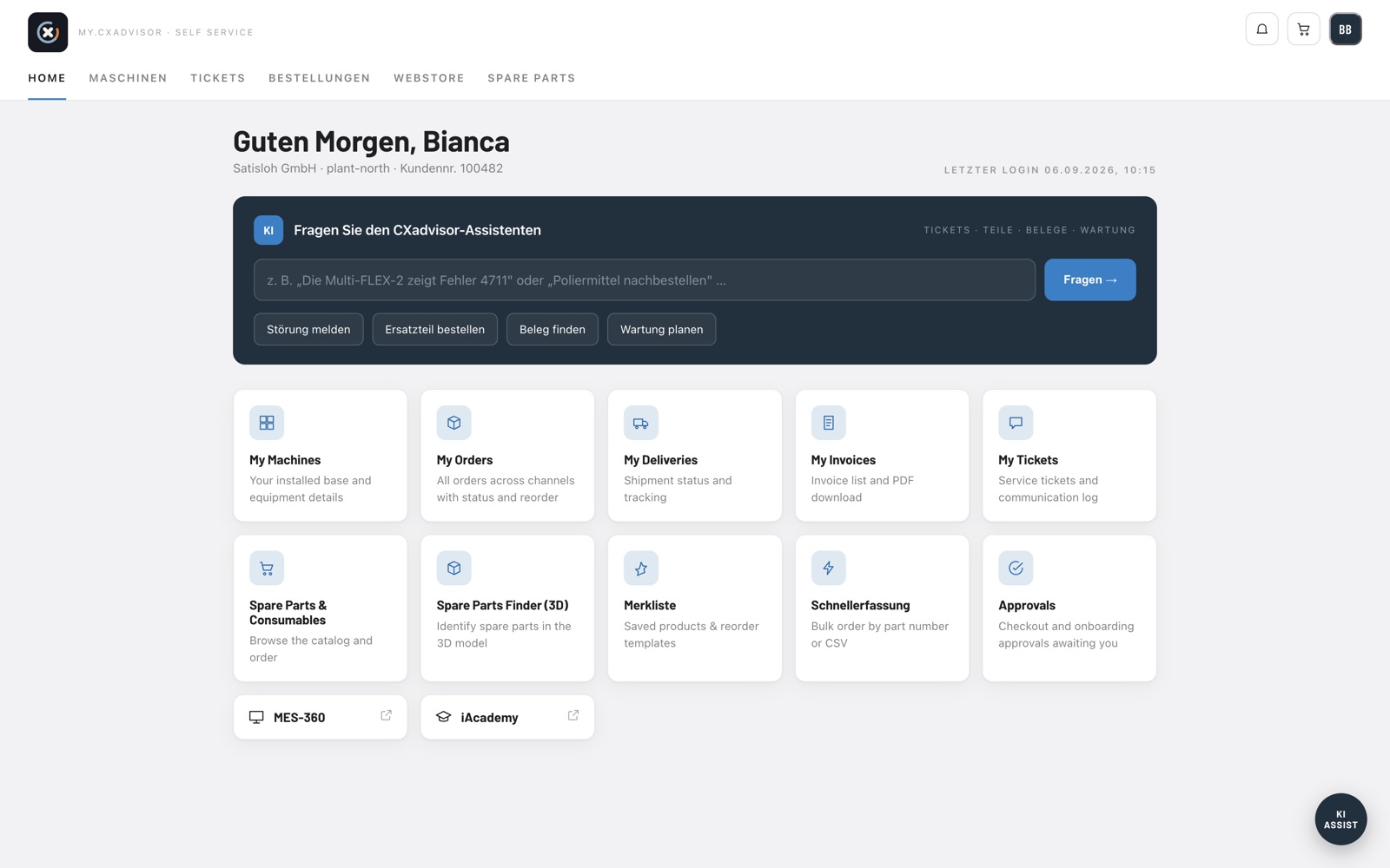 Startseite des B2B-Portals mit Kacheln für Bestellungen, Maschinen und Angebote
